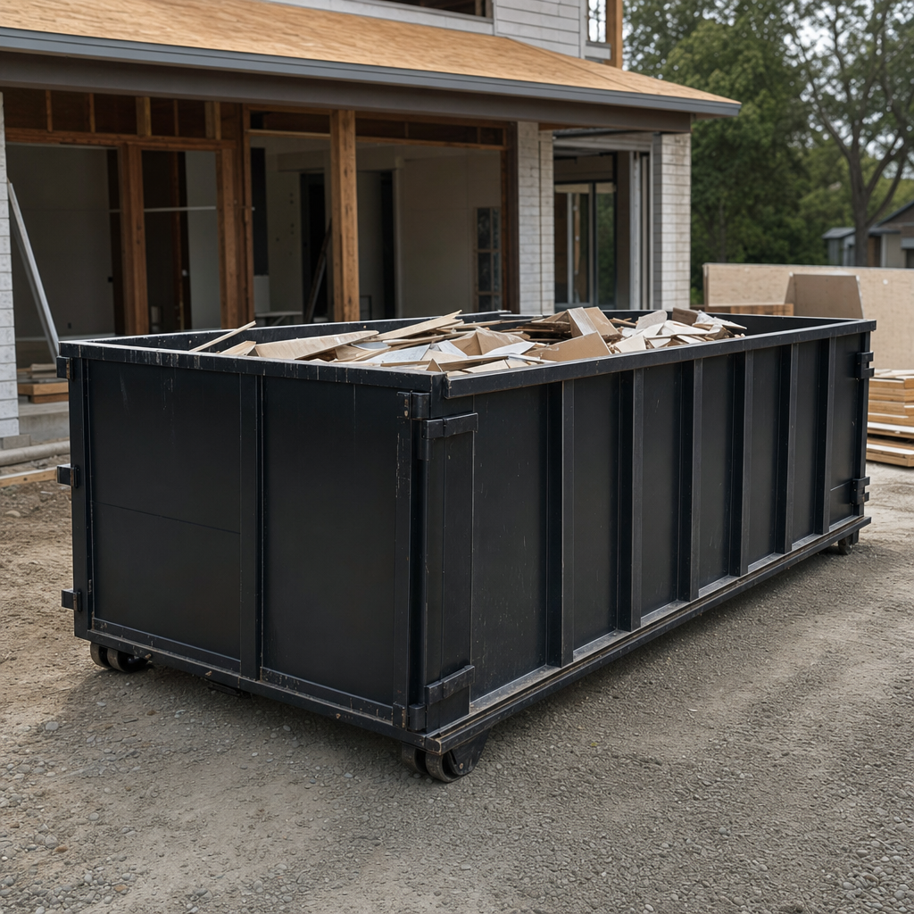 Large matte-black 30-yard construction roll-off dumpster at an active North Miami jobsite, steel-gray top rails and bottom rollers visible, loaded with construction debris.