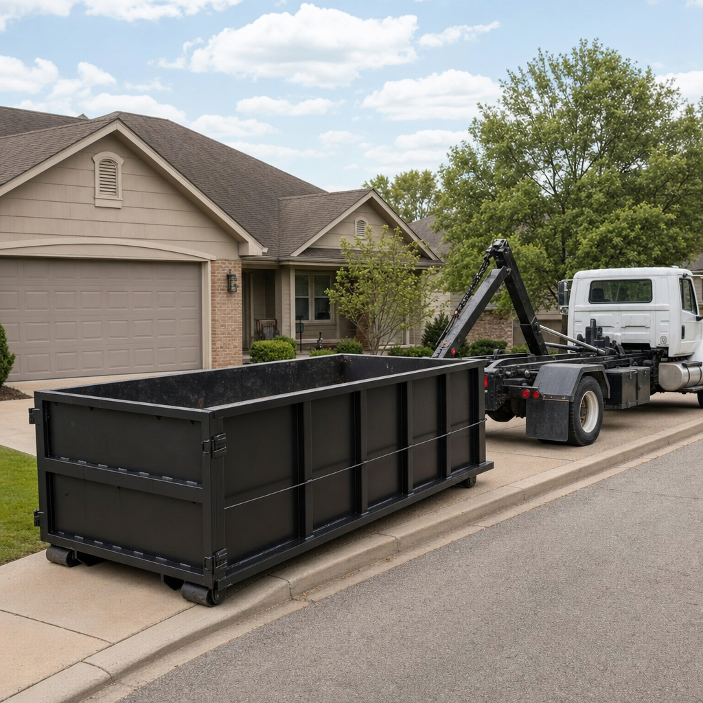 Wide documentary shot of a matte-black roll-off dumpster on a North Miami residential driveway in the foreground and a contractor jobsite container in the soft-focus background, bright daylight, calm and orderly composition.