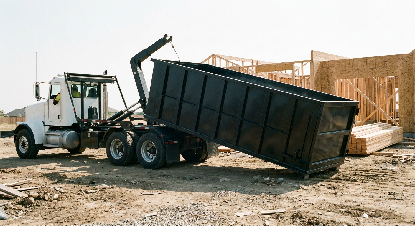Matte-black roll-off dumpster being delivered onto a clean residential concrete driveway in North Miami by an unmarked white hooklift hauler truck, bright morning daylight, documentary 35mm perspective.